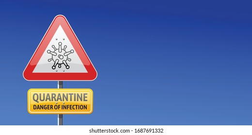Vector illustration of Corona virus with yellow and red warning sign isolated on blue background. Covid-19 quarantine. Danger of infection. Pandemic and coronavirus outbreaks.