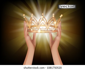 Vector illustration. Coronation ritual awarding the Golden crown to become a king or Queen, the assignment of title promotion. Wear a hat.