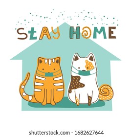 Vector illustration coronavirus 2019-nCoV. Cat and dog stayed at home, did not go for a walk due to quarantine. Vector banner with cat and dog