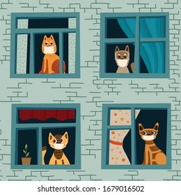 Ilustración del vector coronavirus 2019-nCoV. Los gatos se quedaron en casa, no fueron a caminar debido a la cuarentena. Patrón vectorial con gatos