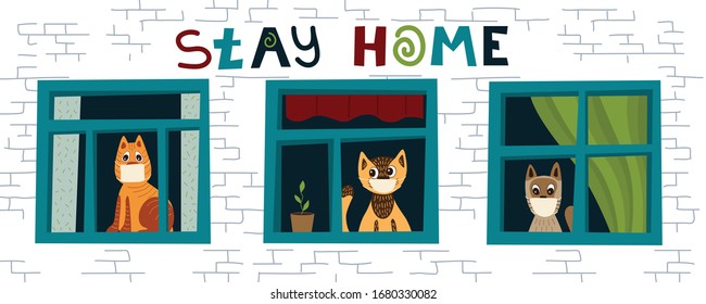 Vector Illustration Coronavirus 2019-nCoV. Cats Stayed At Home, Did Not Go For A Walk Due To Quarantine. Vector Banner With Cats