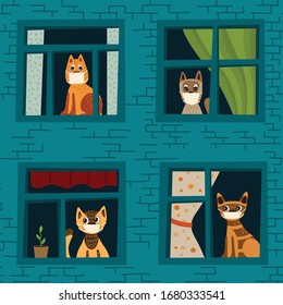 Ilustración del vector coronavirus 2019-nCoV. Los gatos se quedaron en casa, no fueron a caminar debido a la cuarentena. Patrón vectorial con gatos