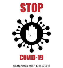 Vector illustration coronavirus 2019-nCoV, Covid-19 with hand stop vector icon. Coronavirus outbreak concept.Virus covid-19 cell icon. Protection covid-19 logo.