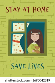 Vector illustration coronavirus 2019-nCoV.  Girl with a dog stayed at home, did not go for a walk due to quarantine. Vector banner. Stayed at home - save lives.