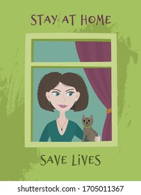 Vector illustration coronavirus 2019-nCoV.  Girl with a cat stayed at home, did not go for a walk due to quarantine. Illustration in the style of hand drawing