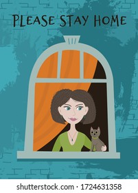 Vector illustration coronavirus 2019-nCoV.  Girl with a cat stayed at home, did not go for a walk due to quarantine. Illustration in the style of hand drawing