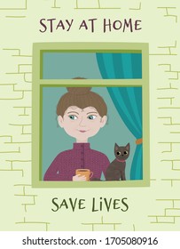 Vector illustration coronavirus 2019-nCoV.  Grandma with a cat stayed at home, did not go for a walk due to quarantine. Grandmother stayed at home.
