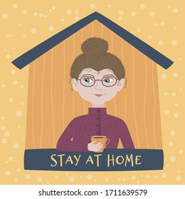 Vector illustration coronavirus 2019-nCoV.  Grandma stayed at home, did not go for a walk due to quarantine.