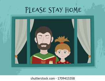 Vector Illustration Coronavirus 2019-nCoV.  Man And Girl Stayed At Home, Did Not Go For A Walk Due To Quarantine. Illustration In The Style Of Hand Drawing