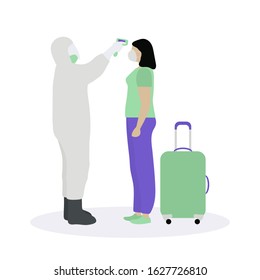 Vector illustration Coronavirus 2019-nCoV Remote temperature measurement for passenger at the airport. Stop spread of the virus. Quick examination of people. Health, medicine Design for website, print
