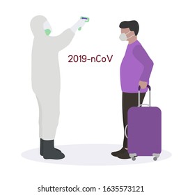 Vector illustration Coronavirus 2019-nCoV Remote temperature measurement for passenger at the airport. Stop spread of the virus. Quick examination of people. Health, medicine Design for website, print