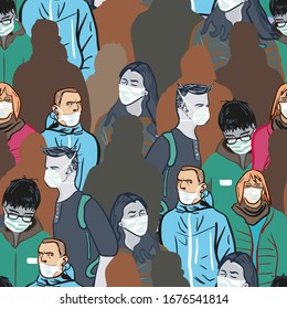 vector illustration coronavirus 2019-nCoV. Coronavirus seamless pattern.   people wearing face mask. coronavirus quarantine.  Chinese  in infectious masks from coronavirus.  