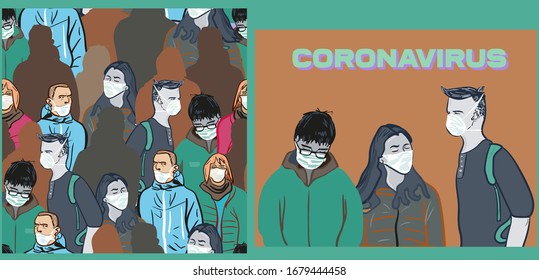 vector illustration corona-virus 2019-nCoV. Corona-virus seamless pattern.   coronavirus poster. people wearing face mask. corona-virus quarantine.  Chinese  in infectious masks from coronavirus.  