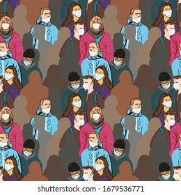 vector illustration coronavirus 2019-nCoV.Coronavirus seamless pattern.   people wearing face mask. coronavirus quarantine.   crowd of people in medical masks of different nations.