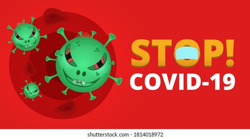 Vektorgrafik von Coronavirus unter roten Blutzellen, und Text stoppen covid-19. Coronavirus-Konzept. Prävention und Bekämpfung der Epidemie.