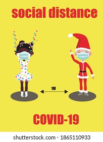 
Vector illustration. 
Coronavirus celebrating Christmas. Social distance.   Boy and girl.