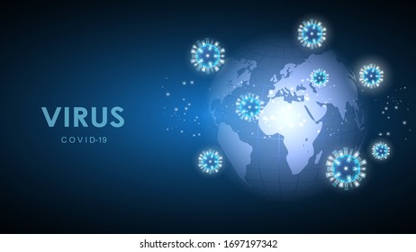 Ilustración vectorial de las células del coronavirus en el fondo del planeta Tierra. Epidemia, pandemia, medicina, vacuna viral. EPS 10