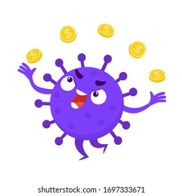 Vector illustration of coronavirus character juggling gold coins. Flat cartoon concept of the global financial crisis because the coronavirus pandemic in neon color use for poster, website