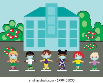 
Vector illustration. Coronavirus, children in protective masks, school. The beginning of the school year.