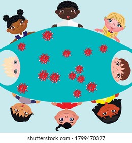 
Vector illustration. Coronavirus, children in protective masks, school. The beginning of the school year.