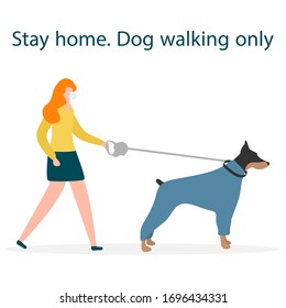 Vector illustration  coronavirus COVID-19 Quarantine. People.  virus 2019-nCoV protection, infection prevention. Human wearing face mask walk with dog. Short walks during pandemic. Health