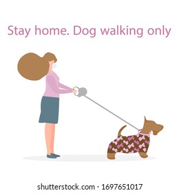 Vector illustration  coronavirus COVID-19 Quarantine. People.  virus 2019-nCoV protection, infection prevention. Human wearing face mask walk with dog. Short walks during pandemic. Health