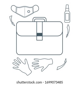 Vector illustration  coronavirus COVID-19 Quarantine. Pandemic People  virus 2019-nCoV protection, infection prevention Put medical mask, gloves, disinfectant in bag. Health, medicine