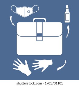 Vector illustration  coronavirus COVID-19 Quarantine. Pandemic People  virus 2019-nCoV protection, infection prevention Put medical mask, gloves, disinfectant in bag. Health, medicine