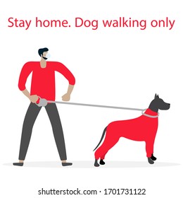 Vector illustration  coronavirus COVID-19 Quarantine. People.  virus 2019-nCoV protection, infection prevention. Human wearing face mask walk with dog. Short walks during pandemic. Health