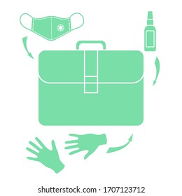Vector illustration  coronavirus COVID-19 Quarantine. Pandemic People  virus 2019-nCoV protection, infection prevention Put medical mask, gloves, disinfectant in bag. Health, medicine