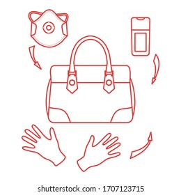 Vector illustration  coronavirus COVID-19 Quarantine. Pandemic People  virus 2019-nCoV protection, infection prevention Put medical mask, gloves, disinfectant in bag. Health, medicine