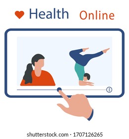 Vector illustration  coronavirus COVID-19 Quarantine. Sport and fitness training at home. Stay home Social distancing Online sports activities Active lifestyle Fitness blog, workout app concept