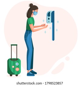 
Vector illustration. coronavirus, COVID-2019. Hand disinfection. Sanitary protection measures at the station. A girl in a medical mask with luggage uses a sanitizer. Safe travel
