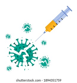 Vector illustration of coronavirus destroyed by injection of medical syringe. Explosion of defeated broken virus isolated on white background. Concept of vaccination covid-19. Victory over pandemic