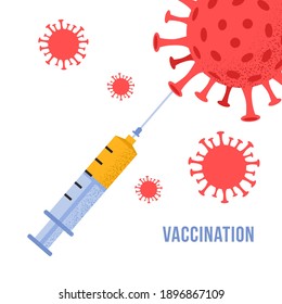 Ilustración vectorial del coronavirus destruido por inyección de jeringa médica. Concepto de vacunación covid-19 aislada en color blanco. Victoria sobre la pandemia