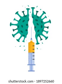 Ilustración vectorial del coronavirus destruido por inyección de jeringa médica. Explosión de virus derrotado roto aislado en fondo blanco. Concepto de vacunación covid-19. Victoria sobre la pandemia