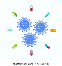 vector illustration of coronavirus. The fight against the virus. Treatment of patients. The vaccine is he viruses. Medicine. Pharmacy. Virus and pills.