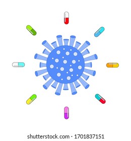 vector illustration of coronavirus. The fight against the virus. Treatment of patients. The vaccine is he viruses. Medicine. Pharmacy. Virus and pills.