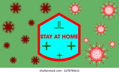 Vector illustration of coronavirus and home vector. stay at home be aware from coronavirus infection. covid-19 coronavirus microbe. 2019-ncov virus. isolated on green background