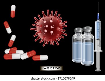 Vector illustration of coronavirus infection control drugs and medical products injections
