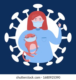 Vector illustration Coronavirus infection. Doctor and a cat in the face masks and the Corona virus cell. Covid-19 outbreak prevention informational card design. 