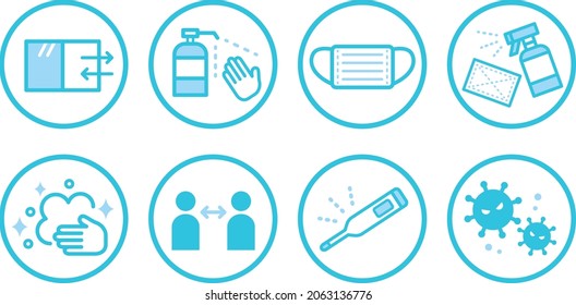 Vector illustration of coronavirus infection prevention. Icon set. Blue, light blue. Infection control measures implemented.