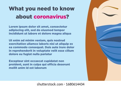 Vector illustration Coronavirus information poster template Banner with girl in a blue protective mask on her face and sample text