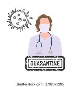 Vector illustration Coronavirus medics Quarantine Doctor wearing medical mask. Social distancing advice  virus COVID-19 Pandemic Reducing risk of infection prevention measures Health care concept