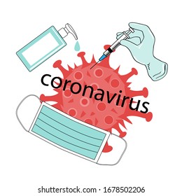Vector illustration with coronavirus and methods of protection. Prick, antiseptic and protective mask on a white background. Epidemic disease concept