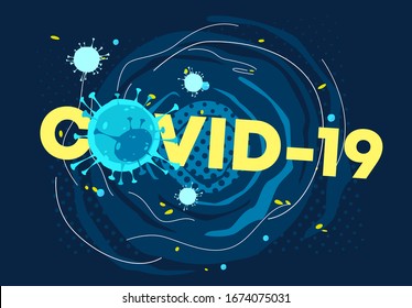 Vector illustration of a coronavirus molecule in the inscription Covid-19