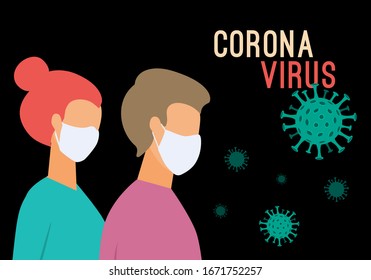 Vector illustration of Coronavirus Pandemia. Novel coronavirus (2019-nCoV), man and woman wearing white medical face masks. Concept of coronavirus quarantine