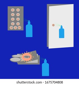 Vector illustration of coronavirus present in door knob, elevator buttons and money coins and bank notes with sanitizers spray concept of protection, prevention and fighting civid-19 virus