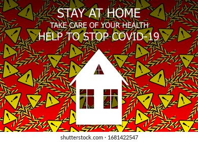 Vector illustration, coronavirus prevention poster, dangerous tape sign and paper art style house, stay home, take care of your health and help to stop covid outbreak.