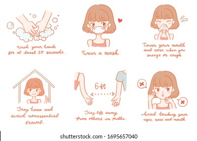 Vector Illustration of Coronavirus Prevention Tips. Digitally hand drawn cute girl drawings and hand written texts.